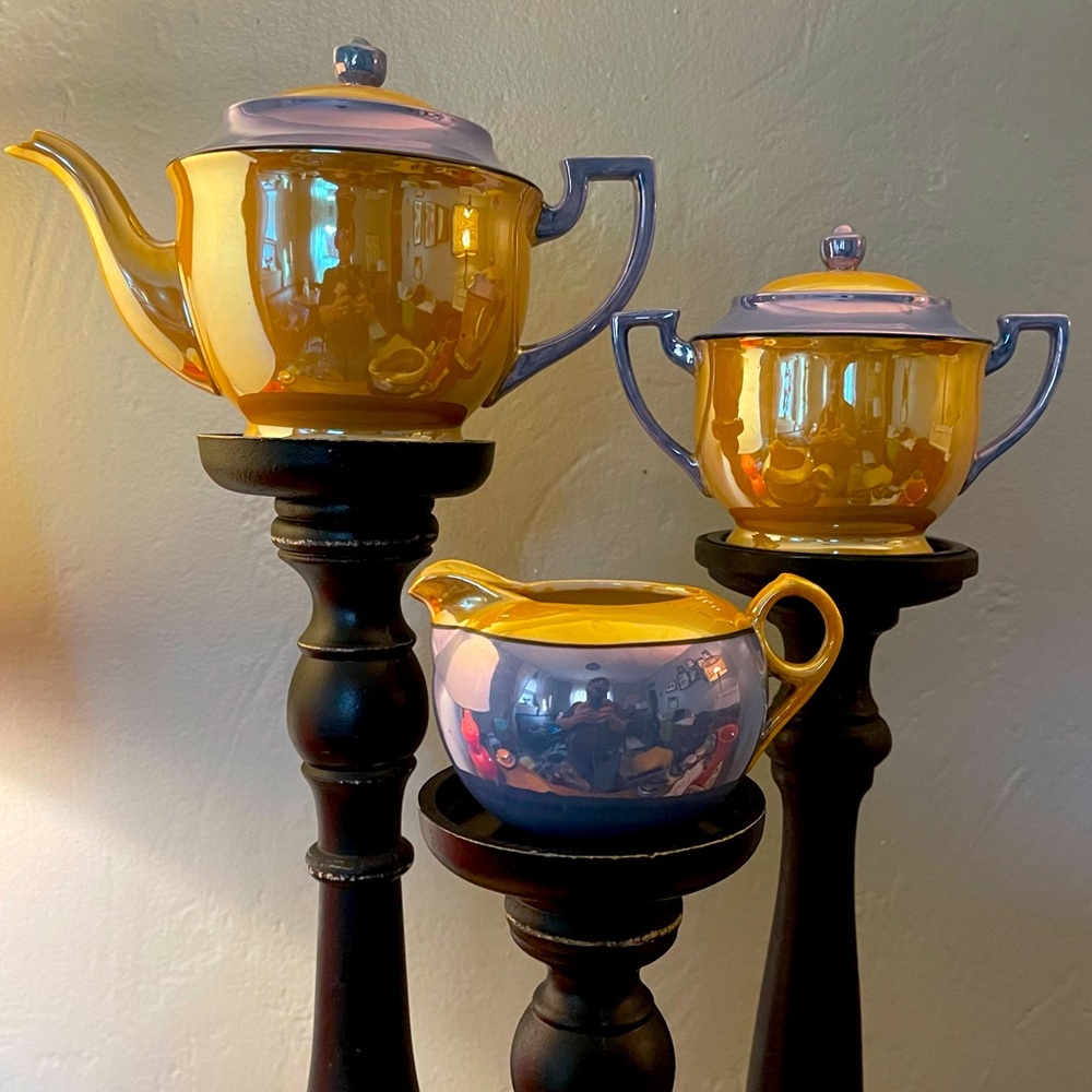 Vintage Hotta Yu Co Japanese Peach & Blue Lusterware Teapot, Creamer, Sugar set.